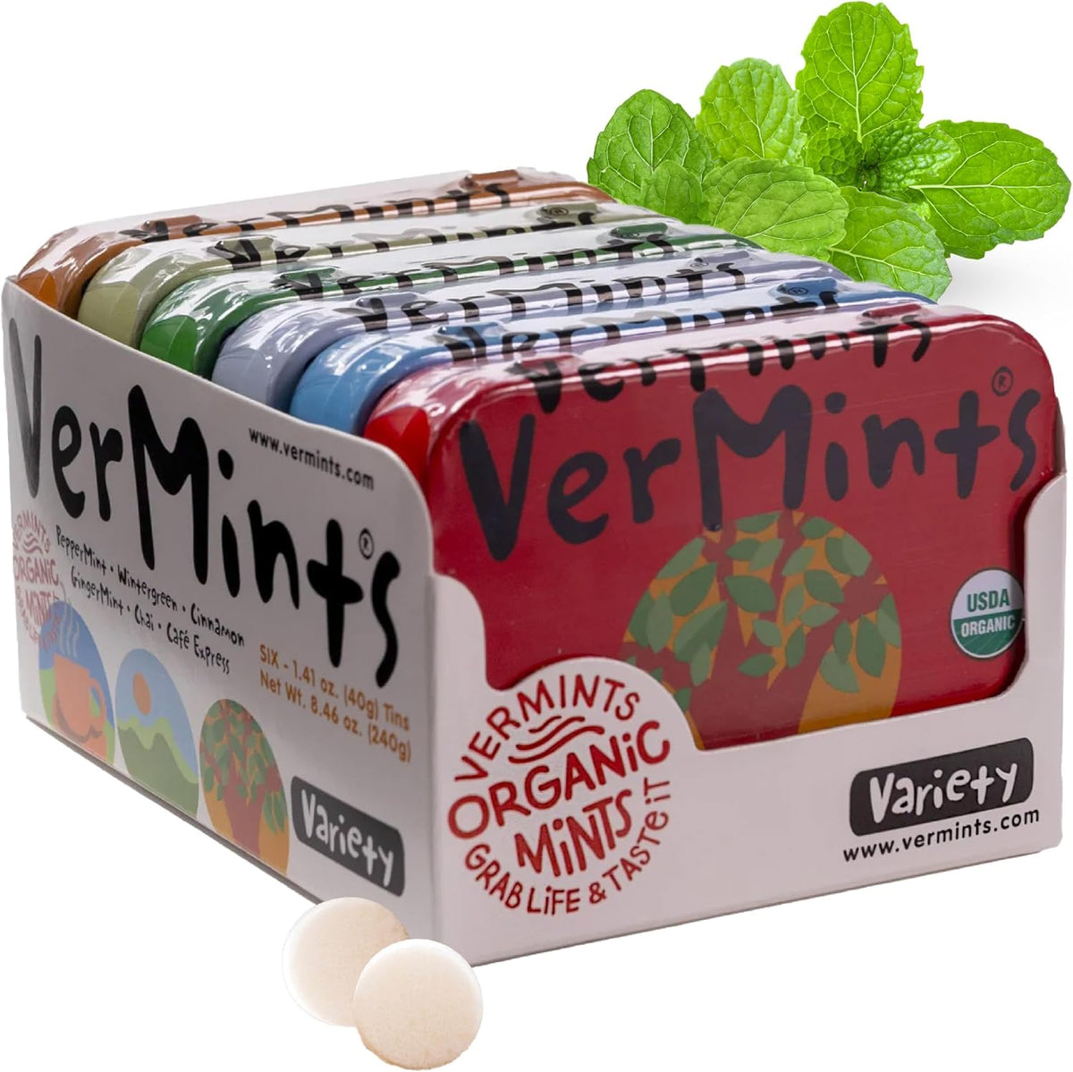 VerMints Organic Breath Mints Variety Pack front view showing six different flavor tins