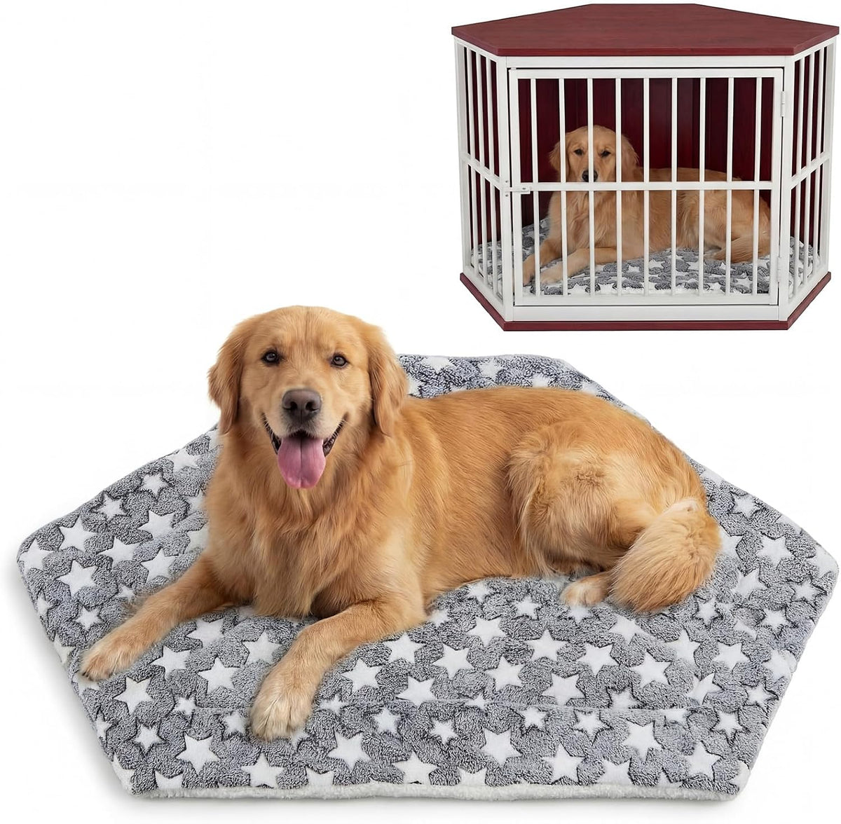 Fanfanwin corner crate dog mat front view with star pattern