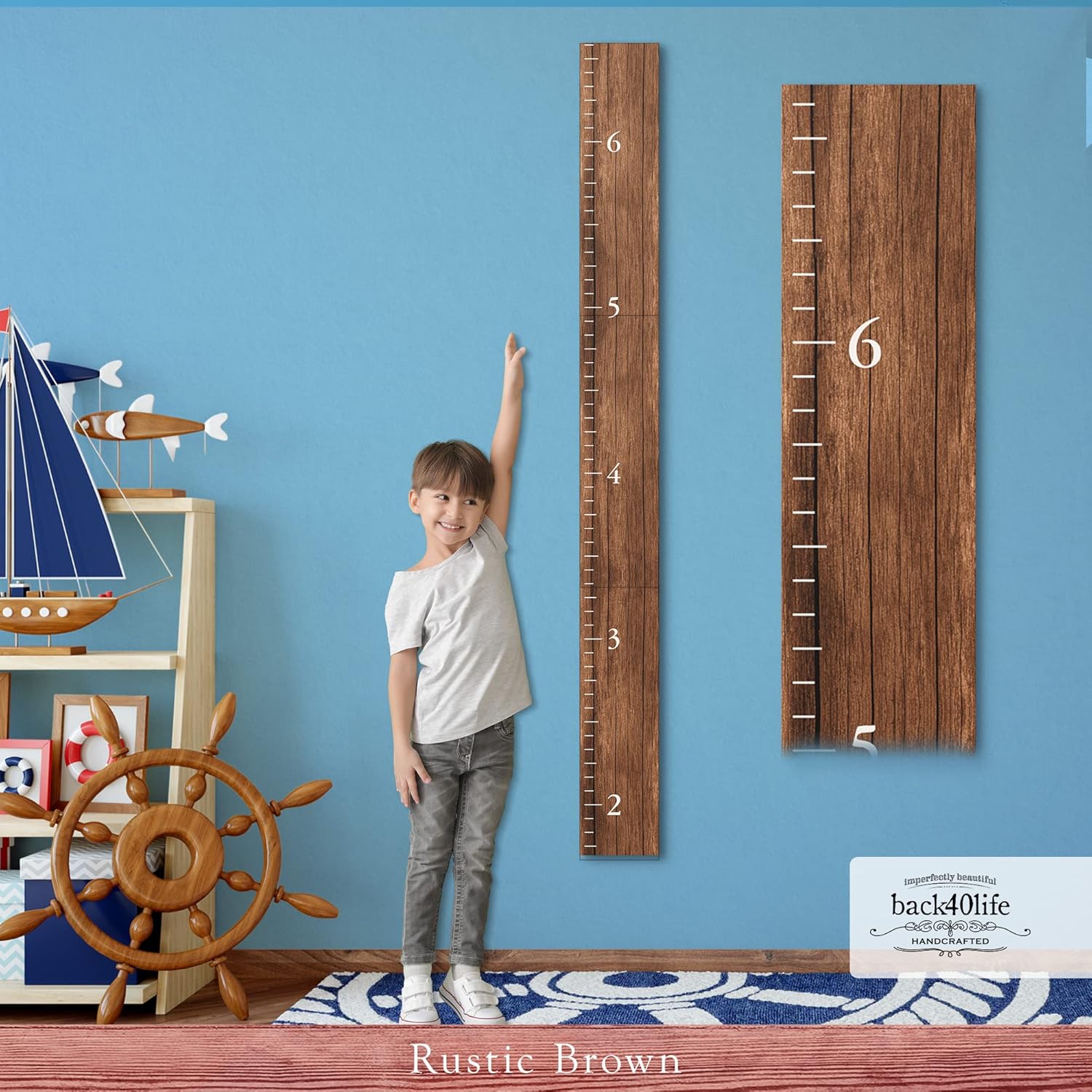 Back40Life farmhouse wooden kids growth chart ruler front view displaying rustic brown finish and measurement lines