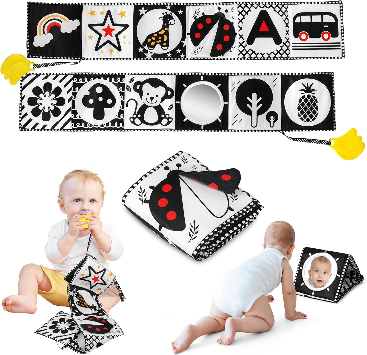 Melican black and white high contrast baby soft book front view showing bold patterns for sensory visual stimulation.