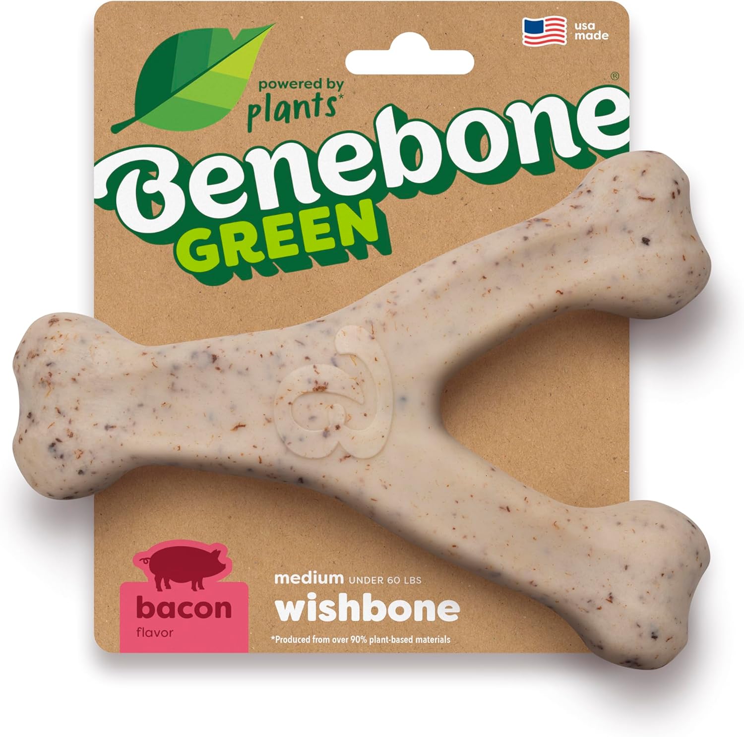 Benebone Green plant-based bacon wishbone dog chew toy medium size