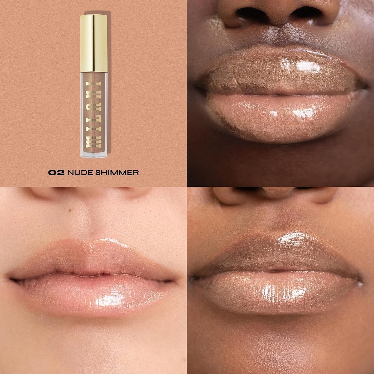 Retractable soft lip liner pencil and nourishing lip plumper in nude shimmer alongside a matte liquid lipstick.
