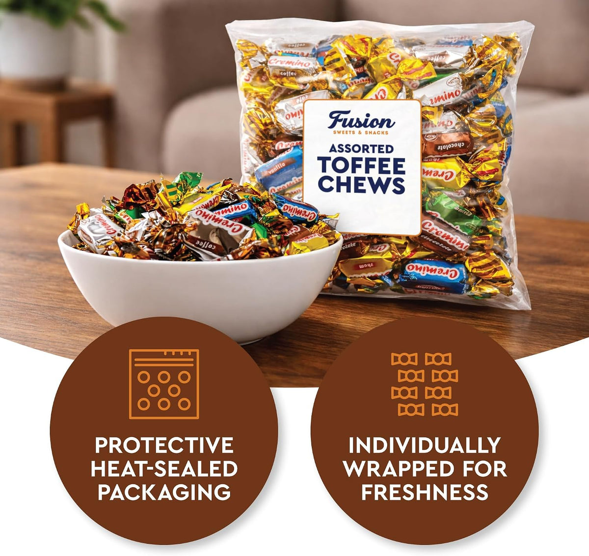 Gourmet imported American toffee chews spread out showing assortment variety