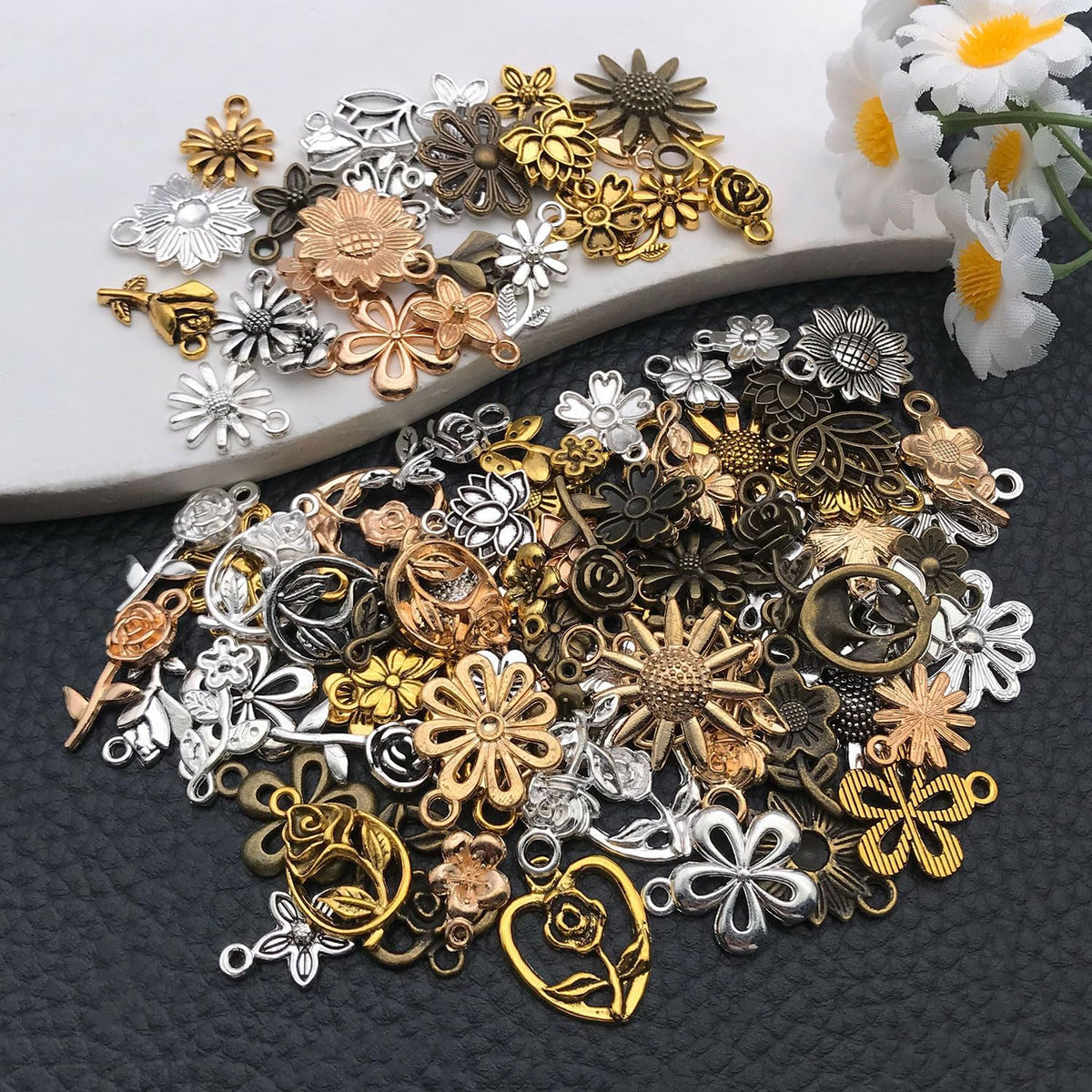 Wocraft flower charms close up gold and silver finishes