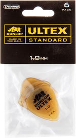 Jim Dunlop 1.0mm Ultex guitar picks close-up highlighting standard shape and thickness.