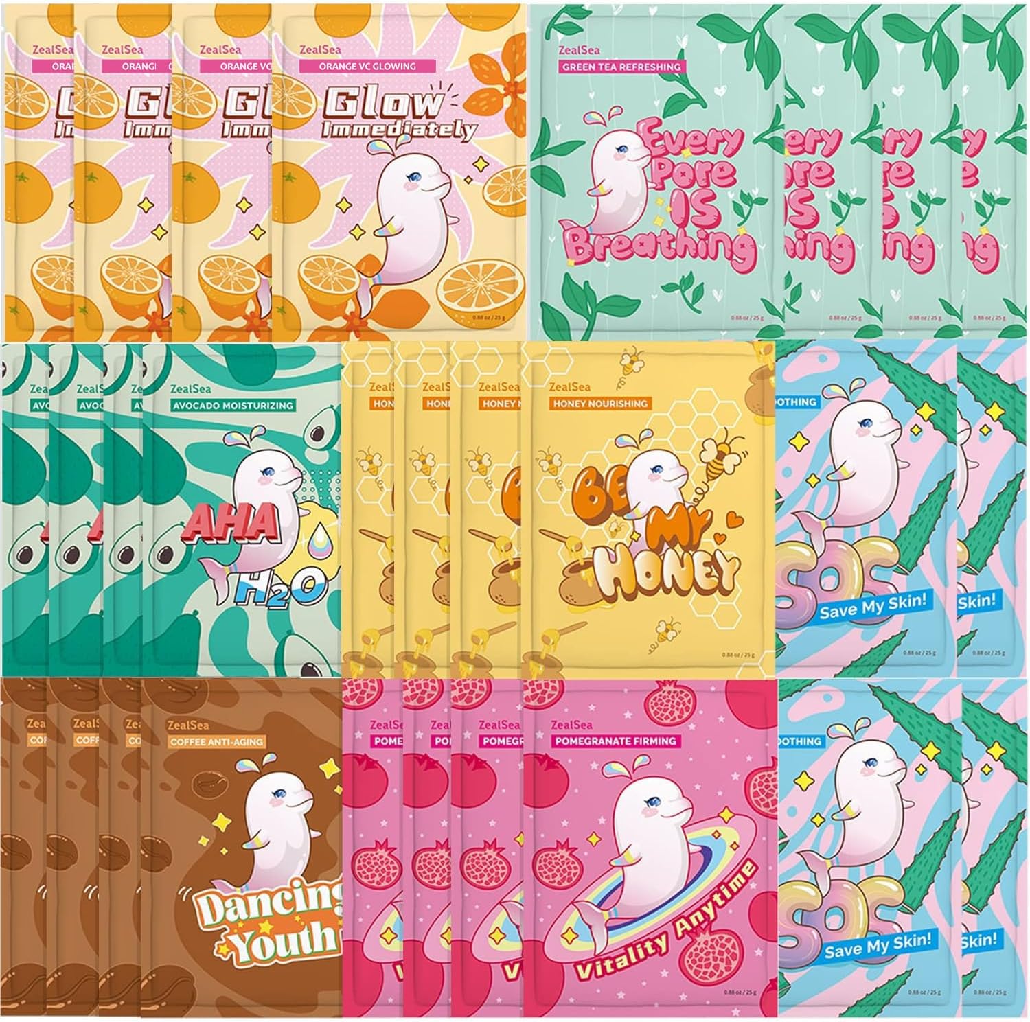 ZealSea Face Masks Skincare 28 pack front view displaying natural ingredient illustrations.