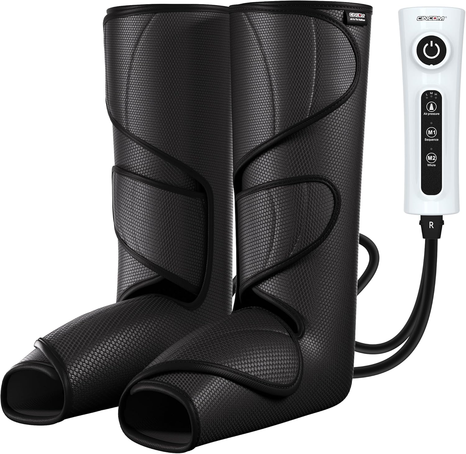 CINCOM Leg Massager front view showing black textured air compression wraps and handheld remote controller for pain relief