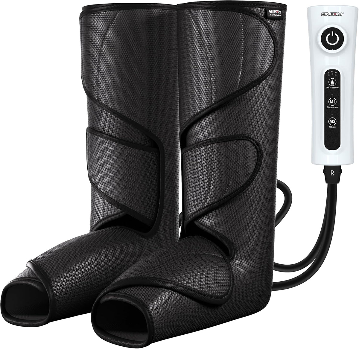 CINCOM Leg Massager front view showing black textured air compression wraps and handheld remote controller for pain relief