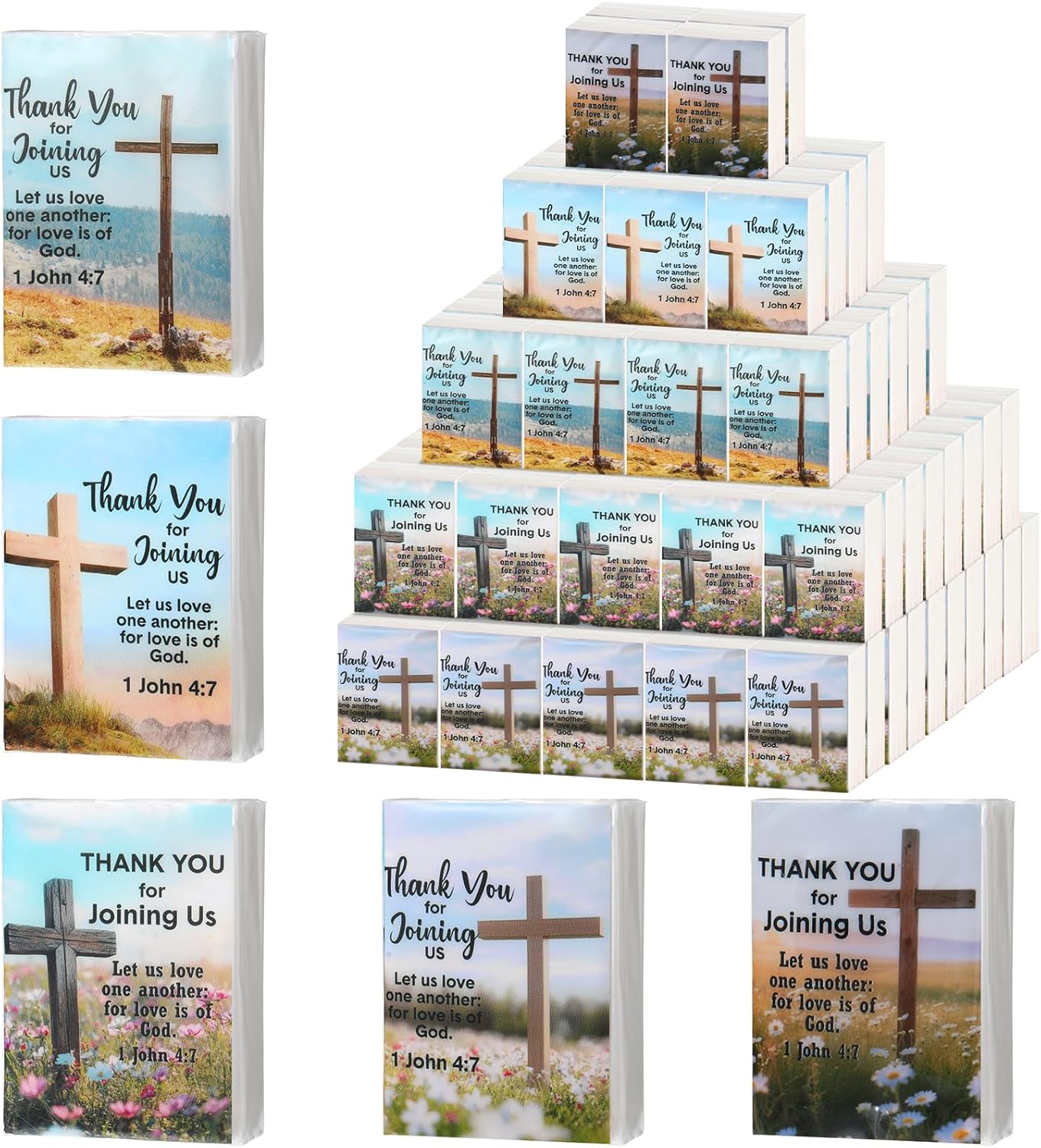 Tinlade 50 Pcs Welcome to Our Church Pocket Tissues Gifts Bulk Christian Bible Verse Travel Packs Bulk Brochure Church 3 Ply Mini Travel Size for Religious Party Favor Party Supplies - Image 1