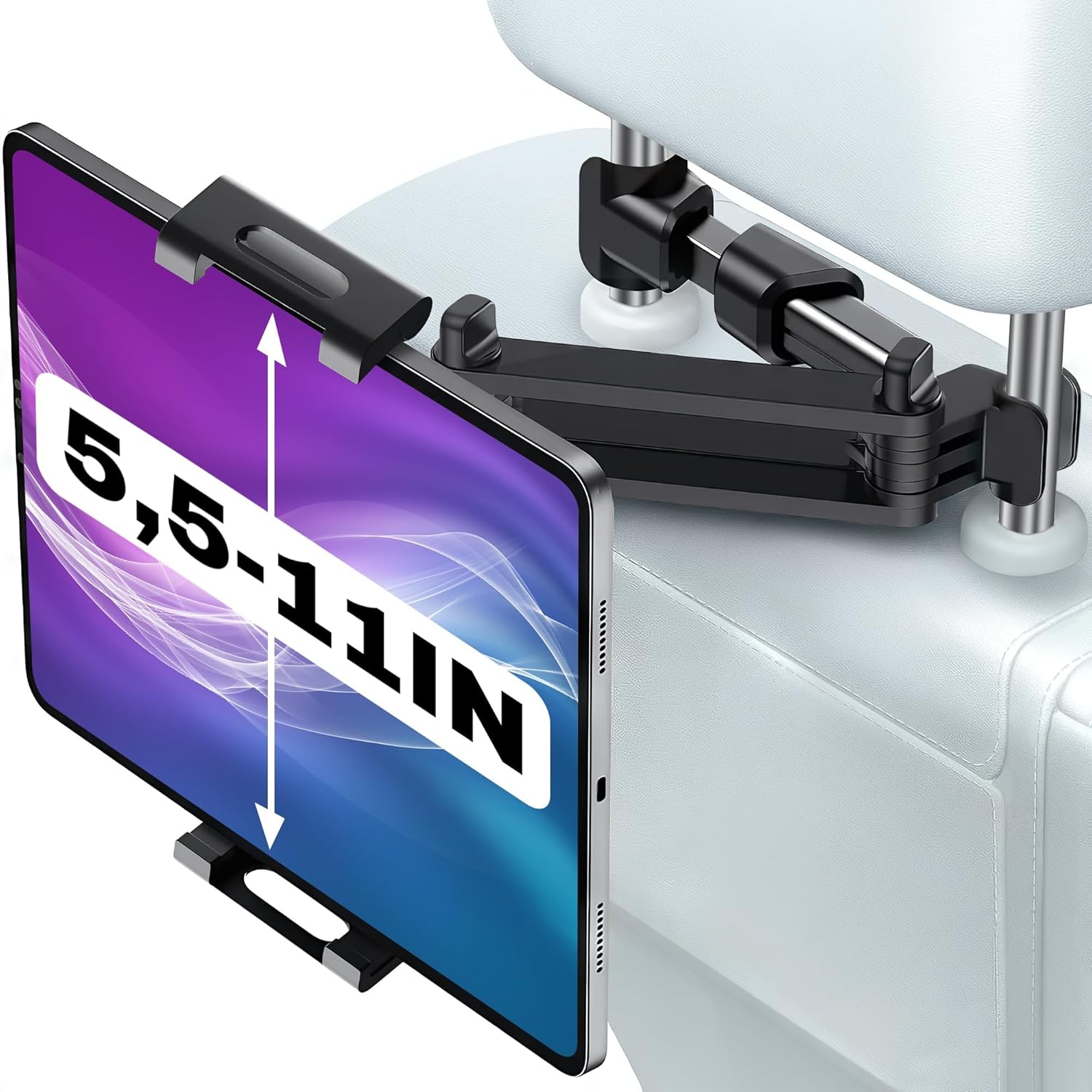 Leglo car headrest mount front view holding a tablet securely in the backseat of a vehicle