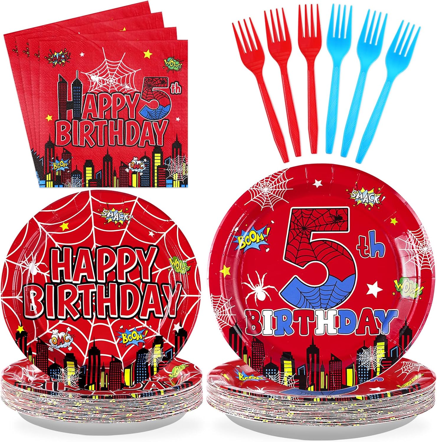 Grencian spider theme birthday party tableware set front view