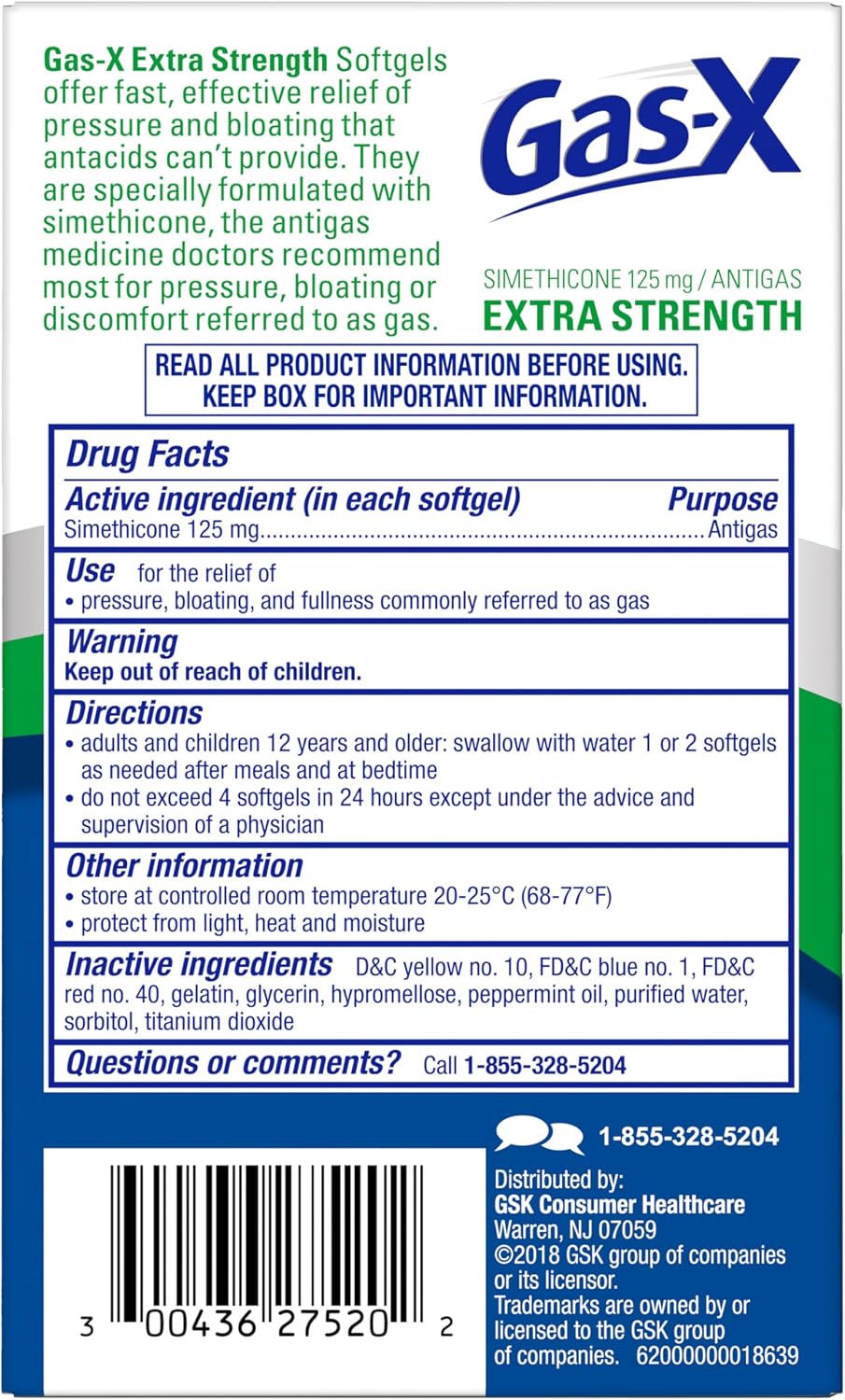 Gas-X gas relief packaging with dosage instructions