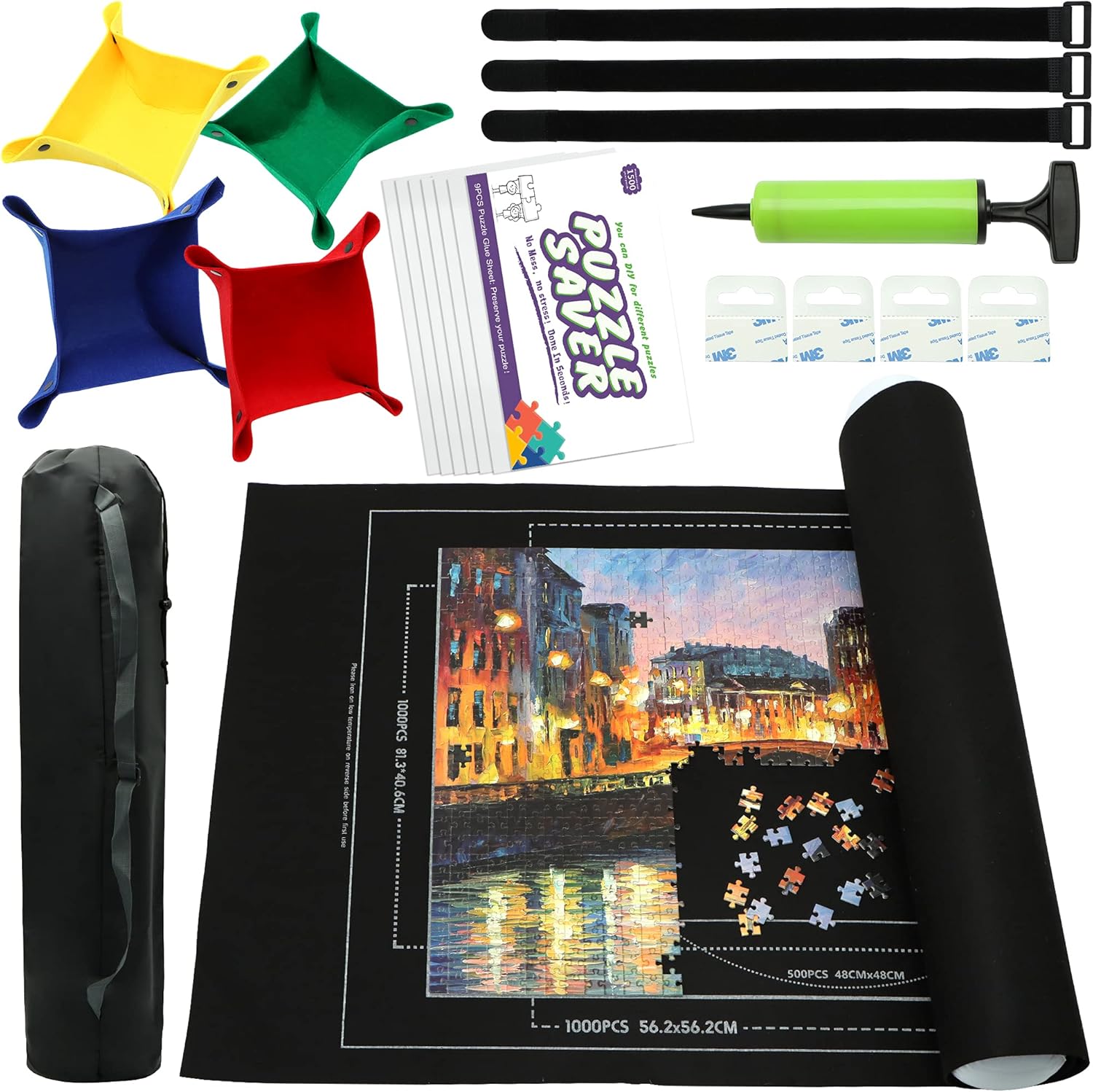 FELIZROCA portable puzzle mat roll up kit front view showing black felt mat with white alignment guidelines