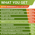 Soft chicken flavored hemp treats for pet hip pain relief displayed next to the product jar.