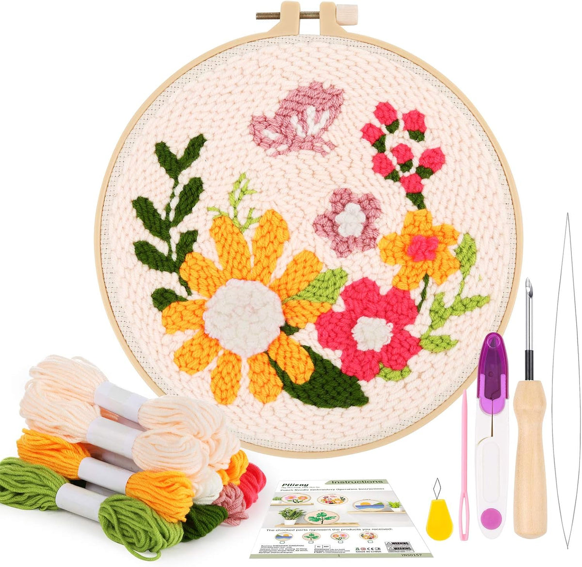 Pllieay punch needle embroidery starter kit front view with tools and yarn