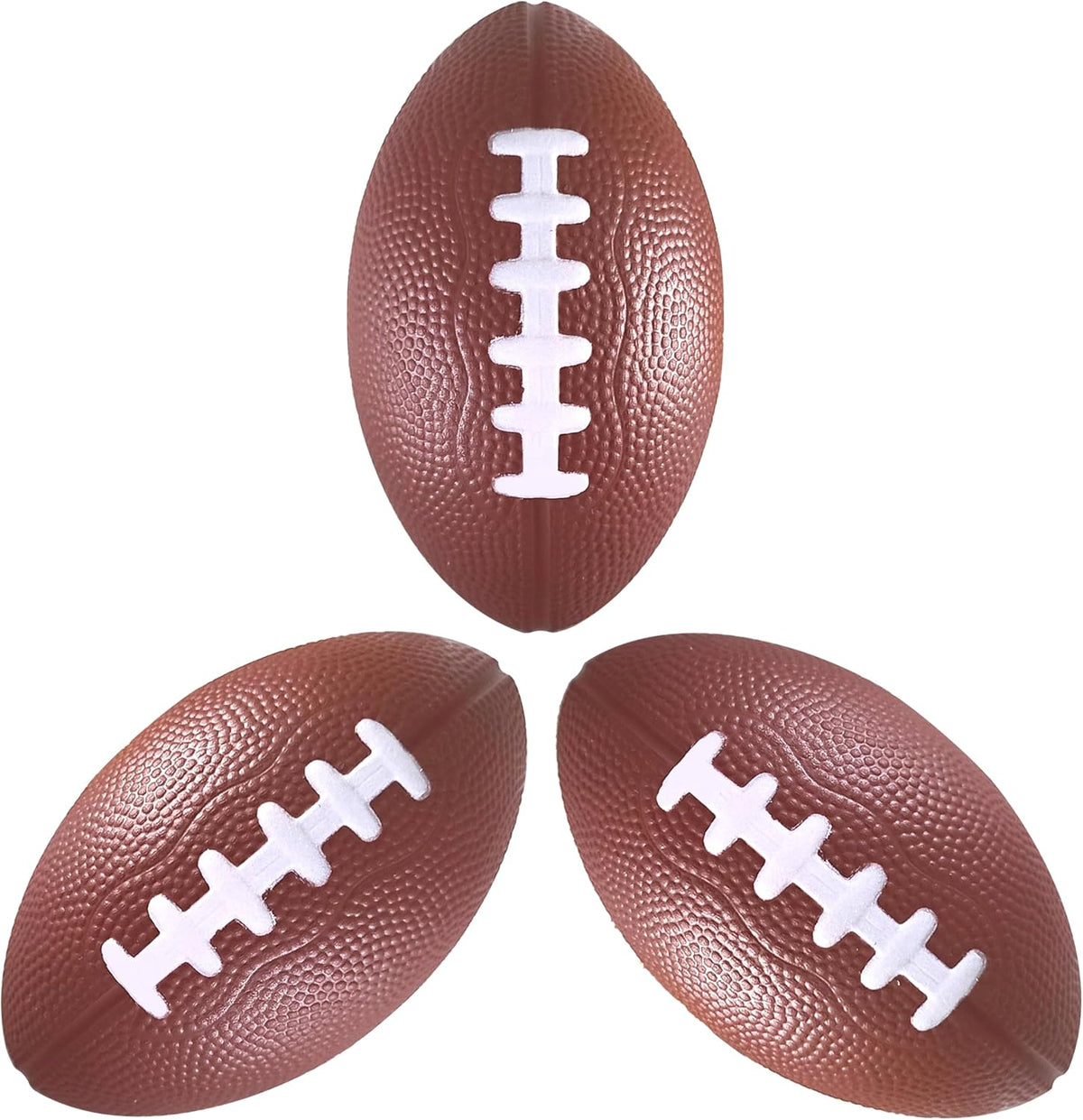 Blu Jay LMC foam footballs three pack front view showing brown textured finish.