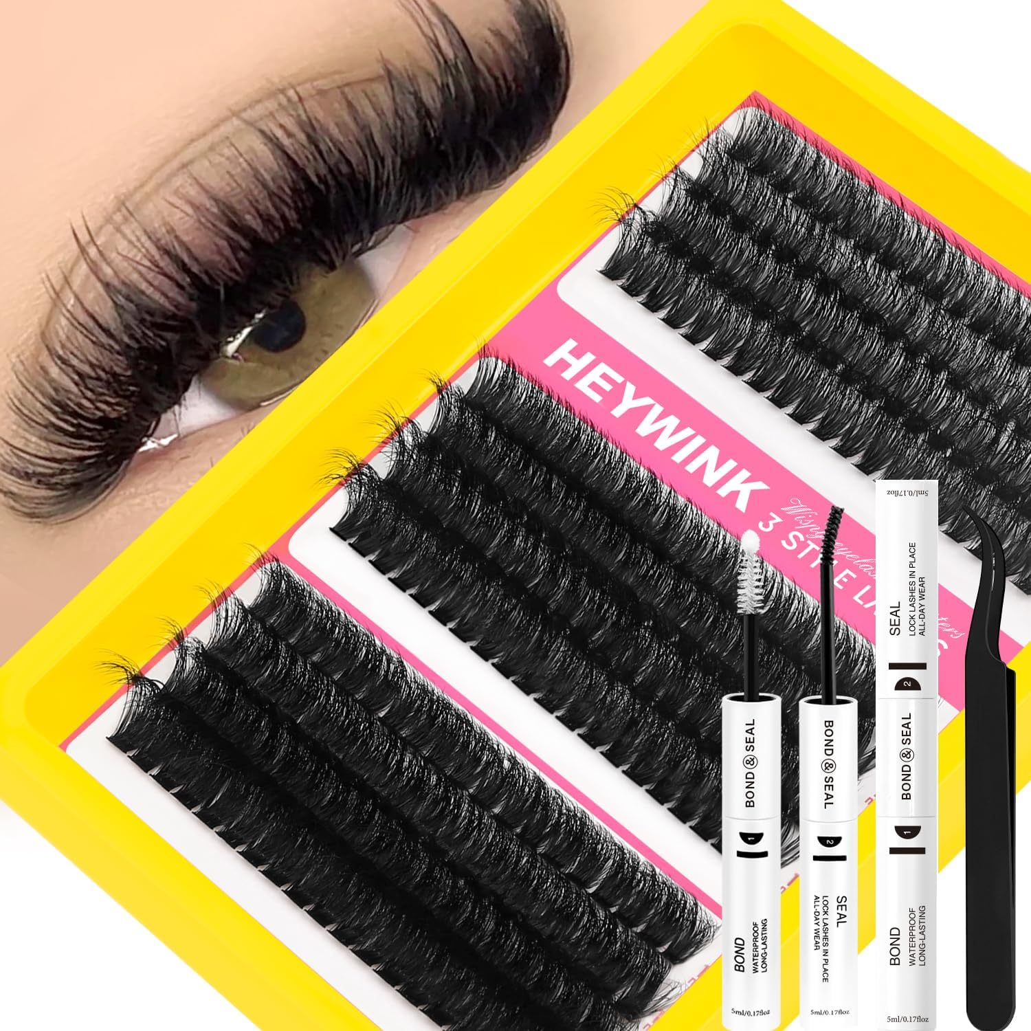 Heywink lash clusters kit front packaging view displaying mixed high density individual eyelash extensions tray.