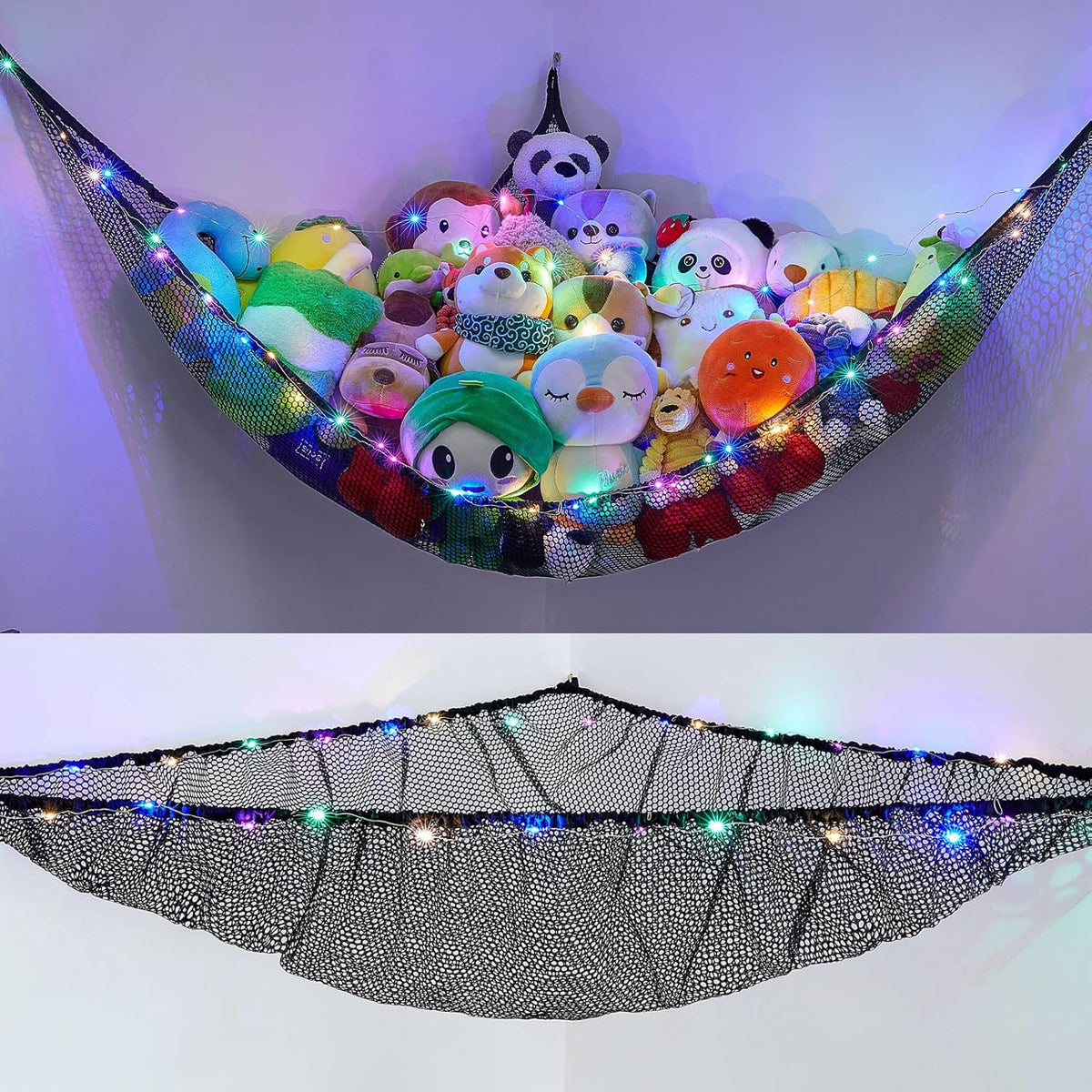 Unicorn Castle stuffed animal hammock front view with LED lights