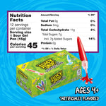 Juicy Drop sweet and sour gel squeeze candy pen packaging highlighting Watermelon Blast and Blue Rebel.