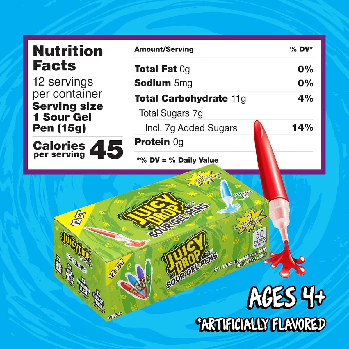 Juicy Drop sweet and sour gel squeeze candy pen packaging highlighting Watermelon Blast and Blue Rebel.