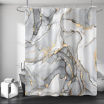 BayNook grey marble shower curtain front view featuring abstract gold and silver ink texture in a modern bathroom setup.