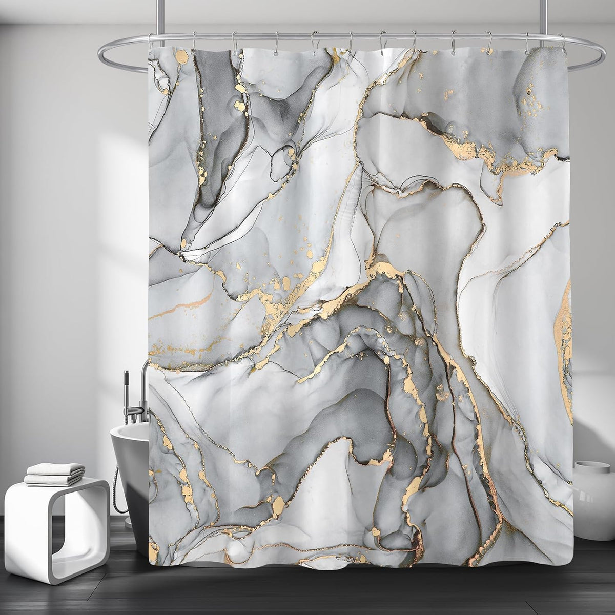 BayNook grey marble shower curtain front view featuring abstract gold and silver ink texture in a modern bathroom setup.