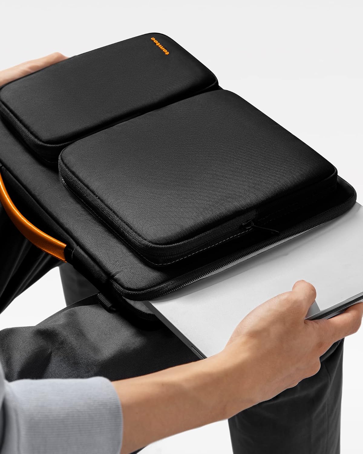 Tomtoc 14 inch laptop bag side angle highlighting CornerArmor protection technology