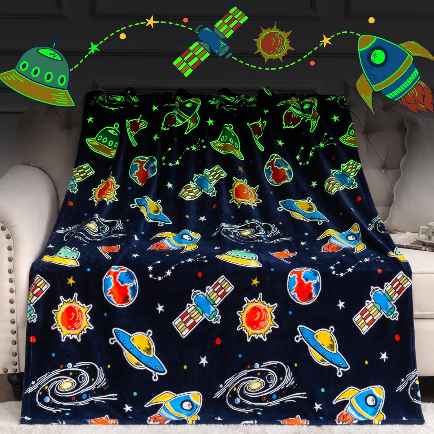 Boulou glow in the dark galaxy space blanket front view showing luminous solar system graphics.