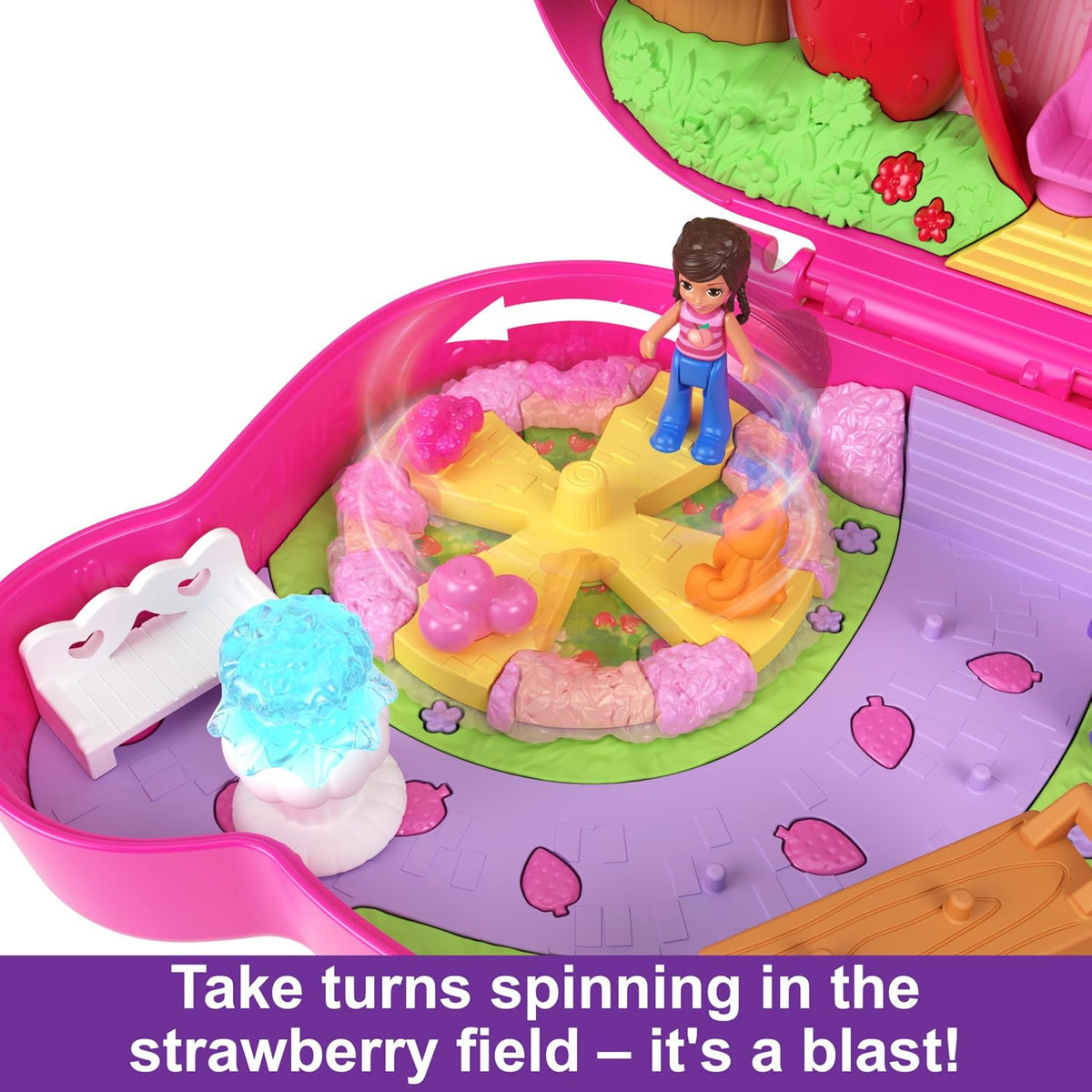 Polly Pocket garden playset highlighting the fruit basket elevator and spinning strawberry field