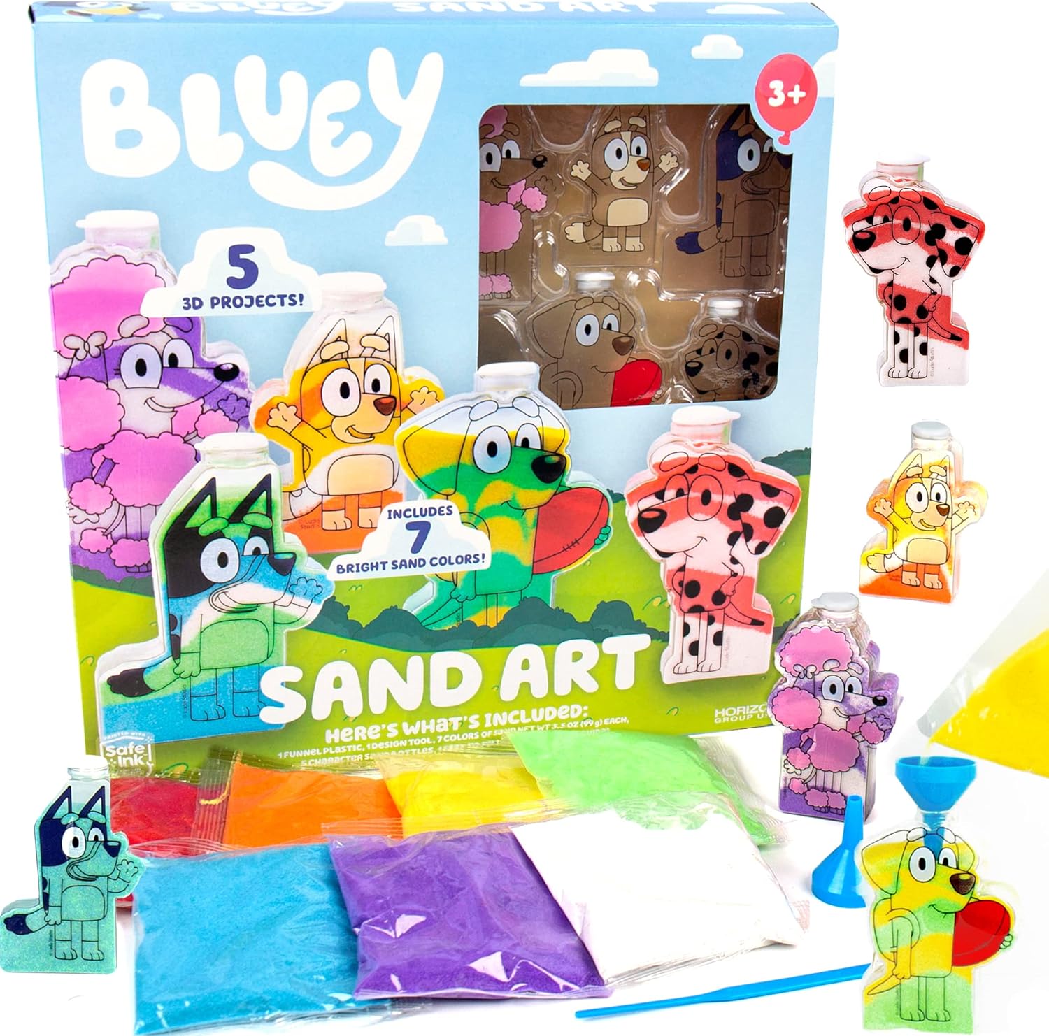 Bluey Sand Art Kit front view of packaging featuring character bottles and colorful sand