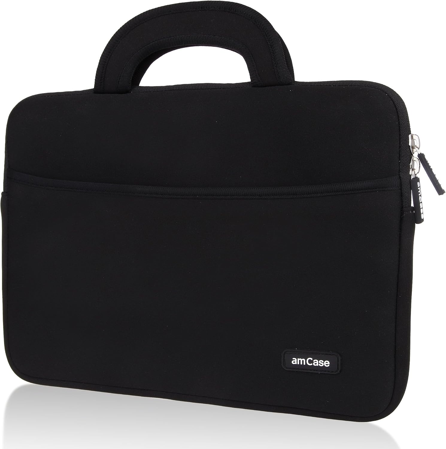 AM Case Chromebook travel sleeve front view showing sleek black neoprene material and carrying handle.