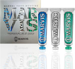Authentic imported Marvis toothpaste collection packaging close up view.
