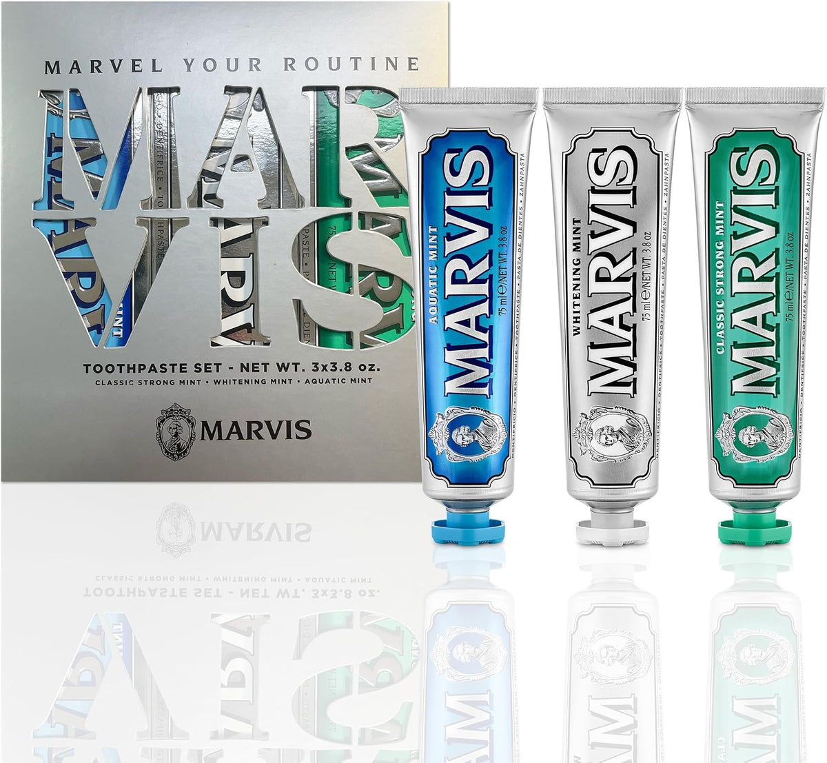 Authentic imported Marvis toothpaste collection packaging close up view.