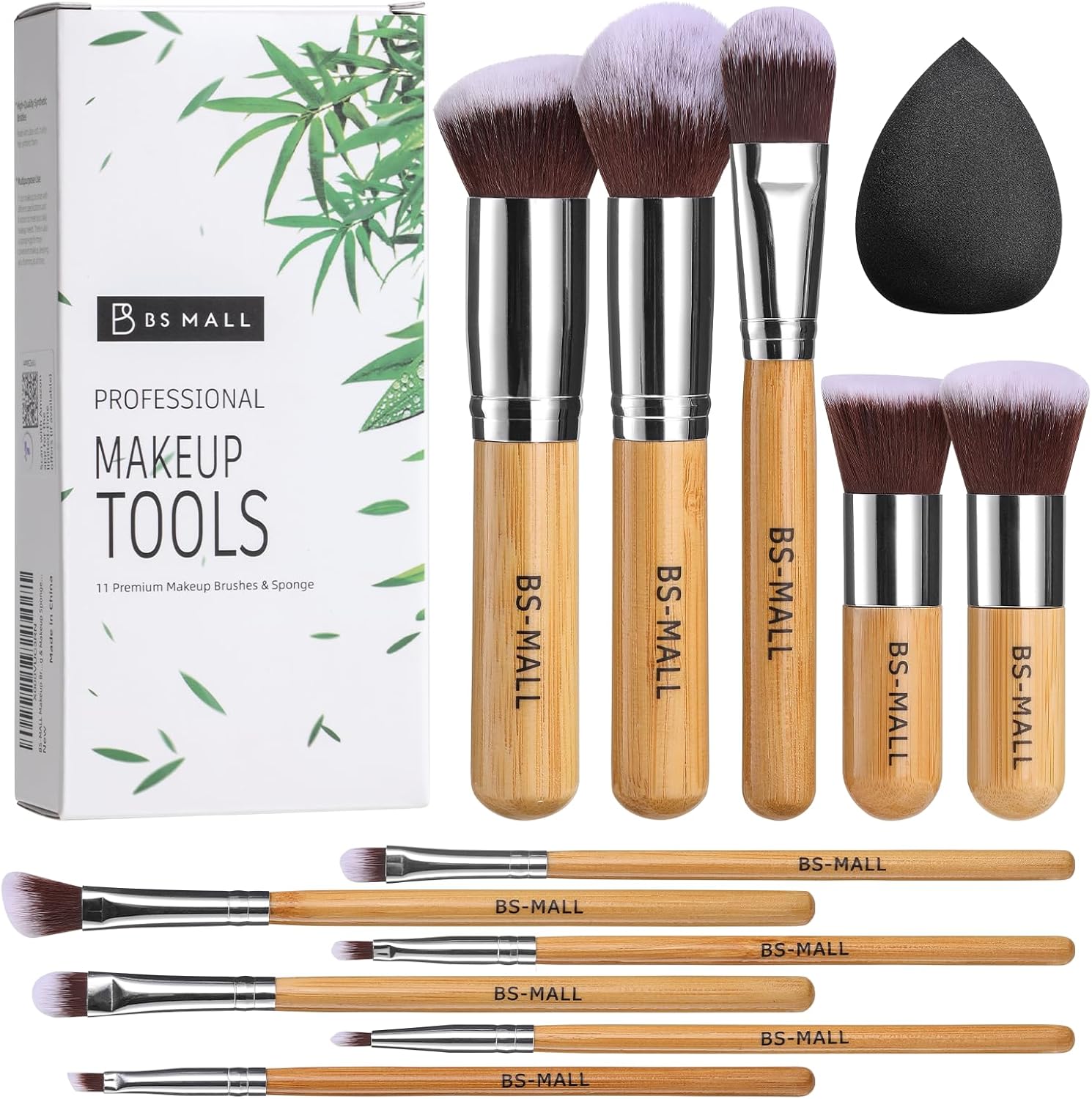 BS-MALL makeup brush set front view showing eleven bamboo handles and white synthetic bristles.