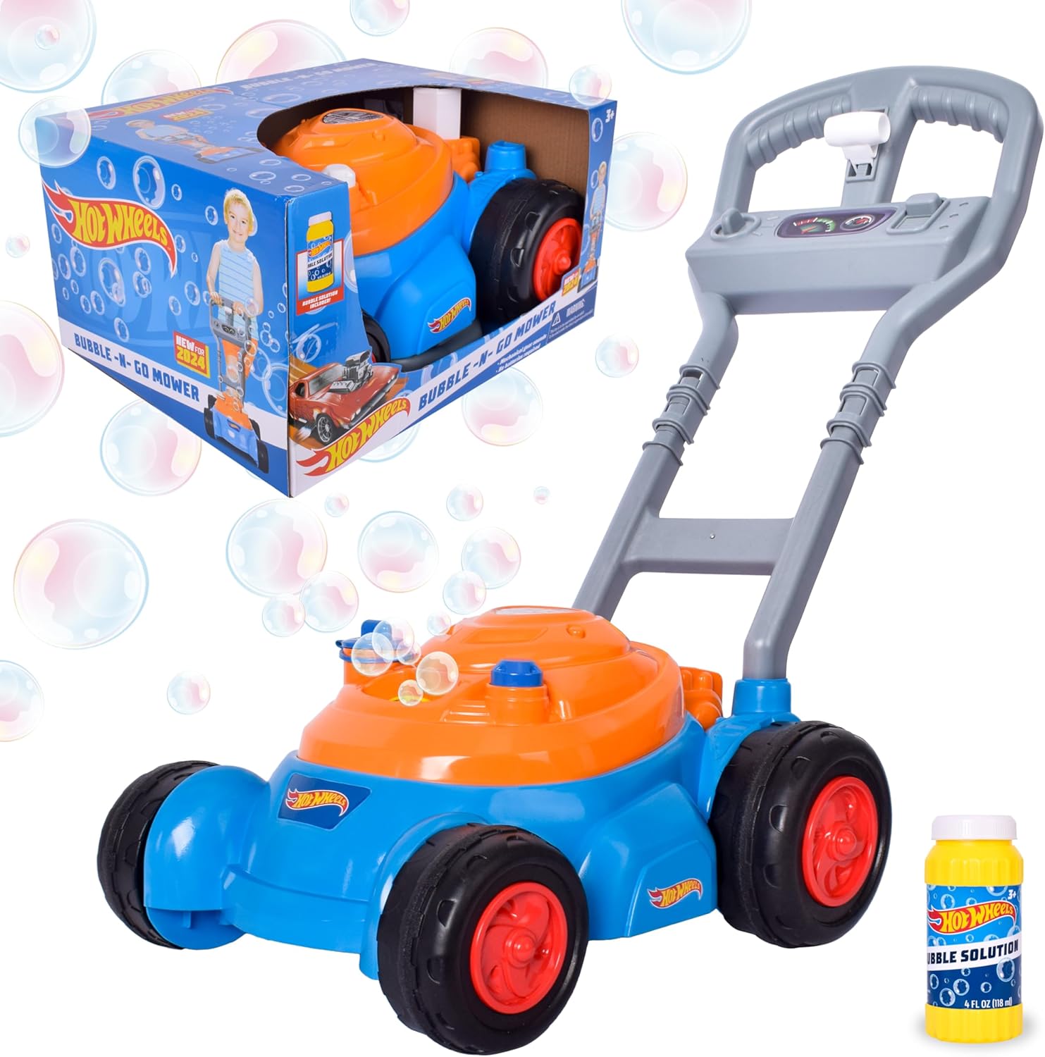 Hot Wheels Bubble Lawn Mower front view showcasing vibrant orange and blue body with mechanical gears