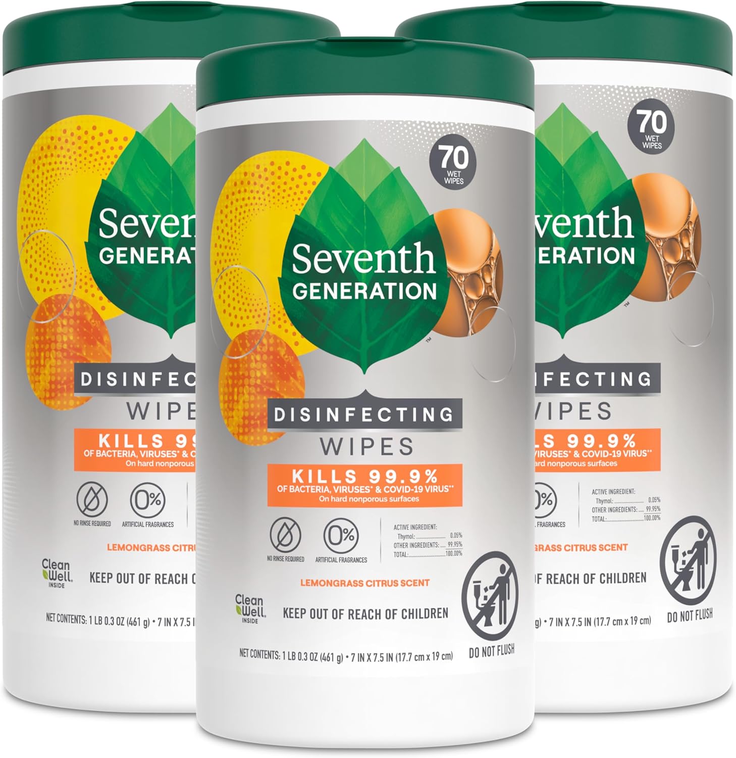 Seventh Generation Disinfecting Multi-Surface Wipes pack of three front view for botanical home cleaning.