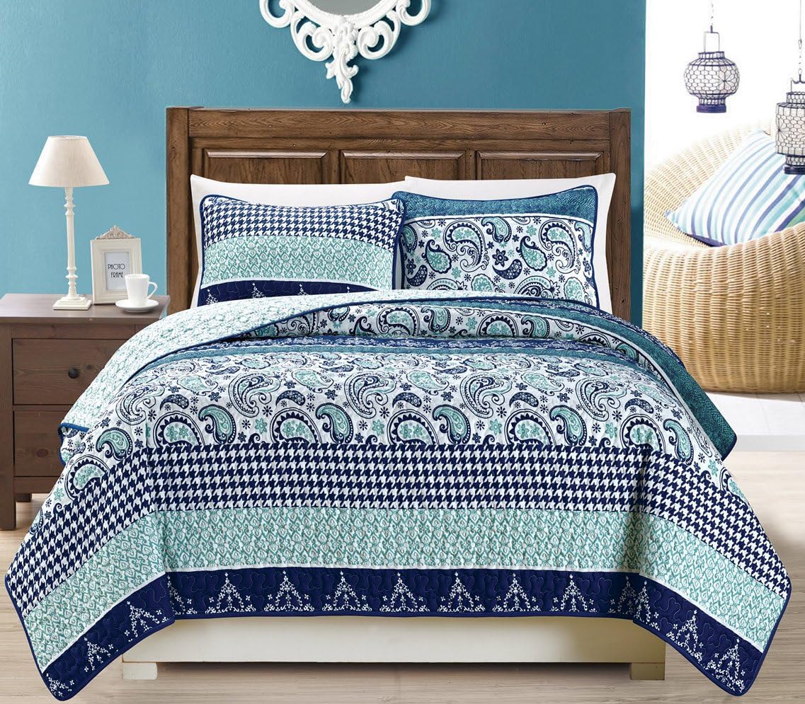 Grand Linen quilt set front view showcasing navy blue paisley design