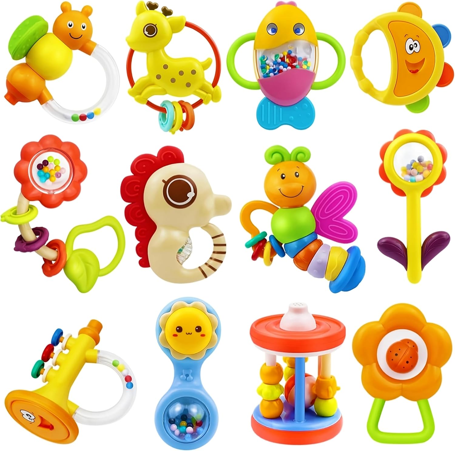 MOONTOY twelve piece baby rattles front view showing colorful animal shapes inside the storage box.