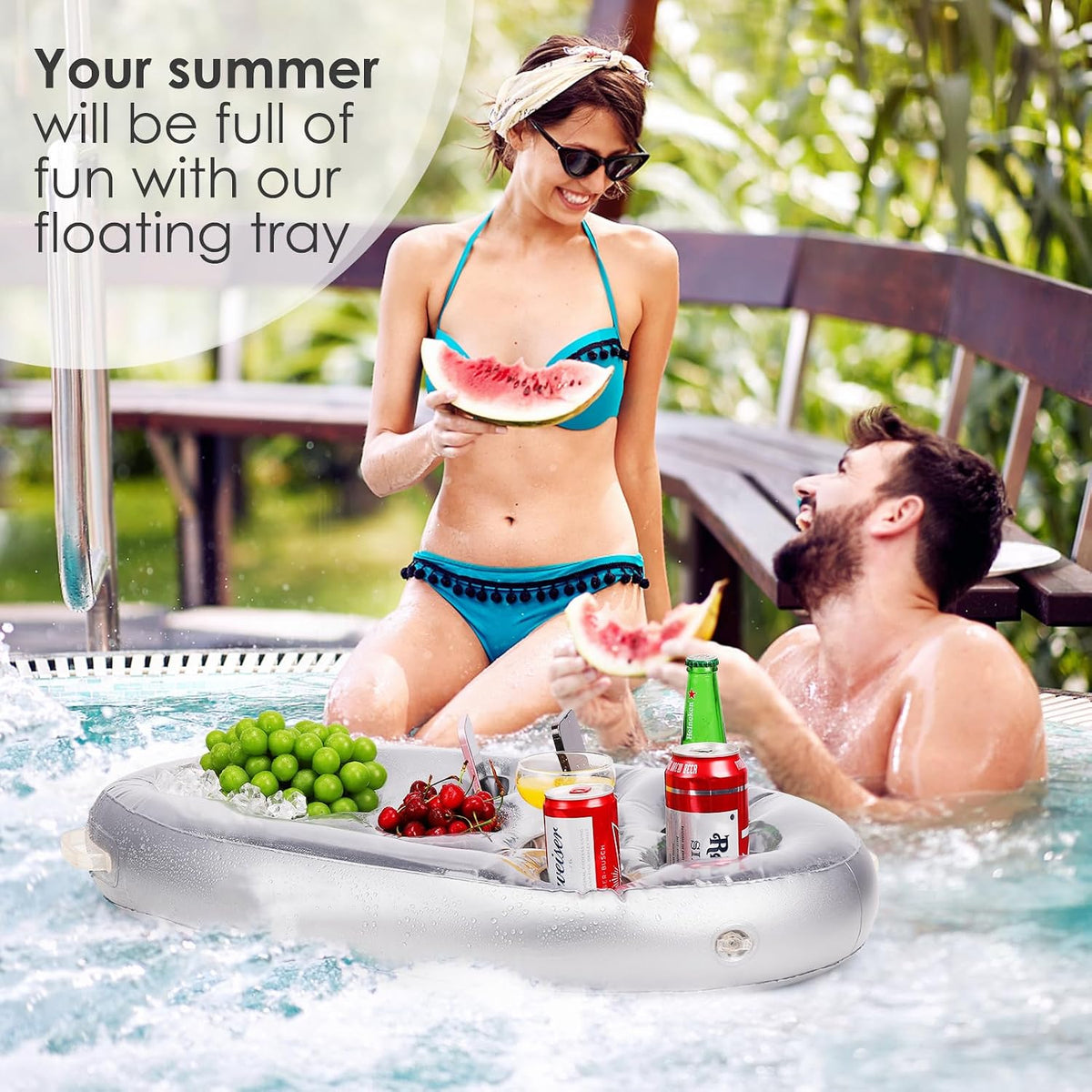Hioburey pool accessories showing smartphone and snack storage slots