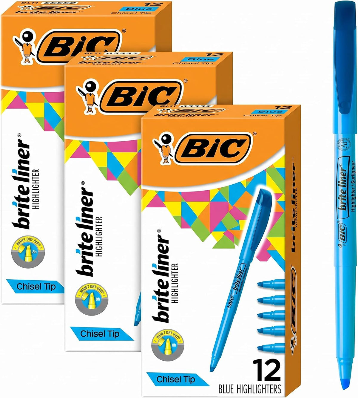 BIC Brite Liner Highlighters, Chisel Tip, 12-Count Pack, Yellow Ink - Image 10