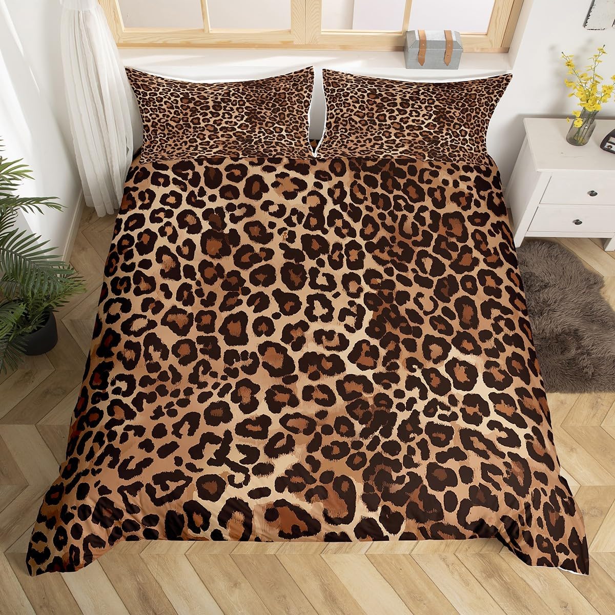 Erosebridal leopard print comforter cover set twin size front view on a styled bedroom bed