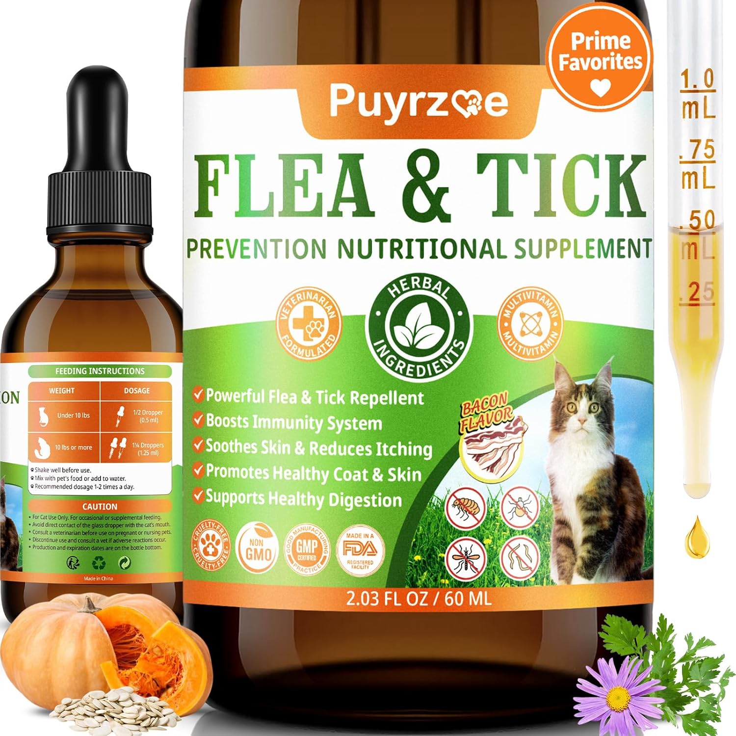 Puyrzoe Cat Flea Treatment 60 milliliter bottle front view natural flea and tick prevention oral drops for cats