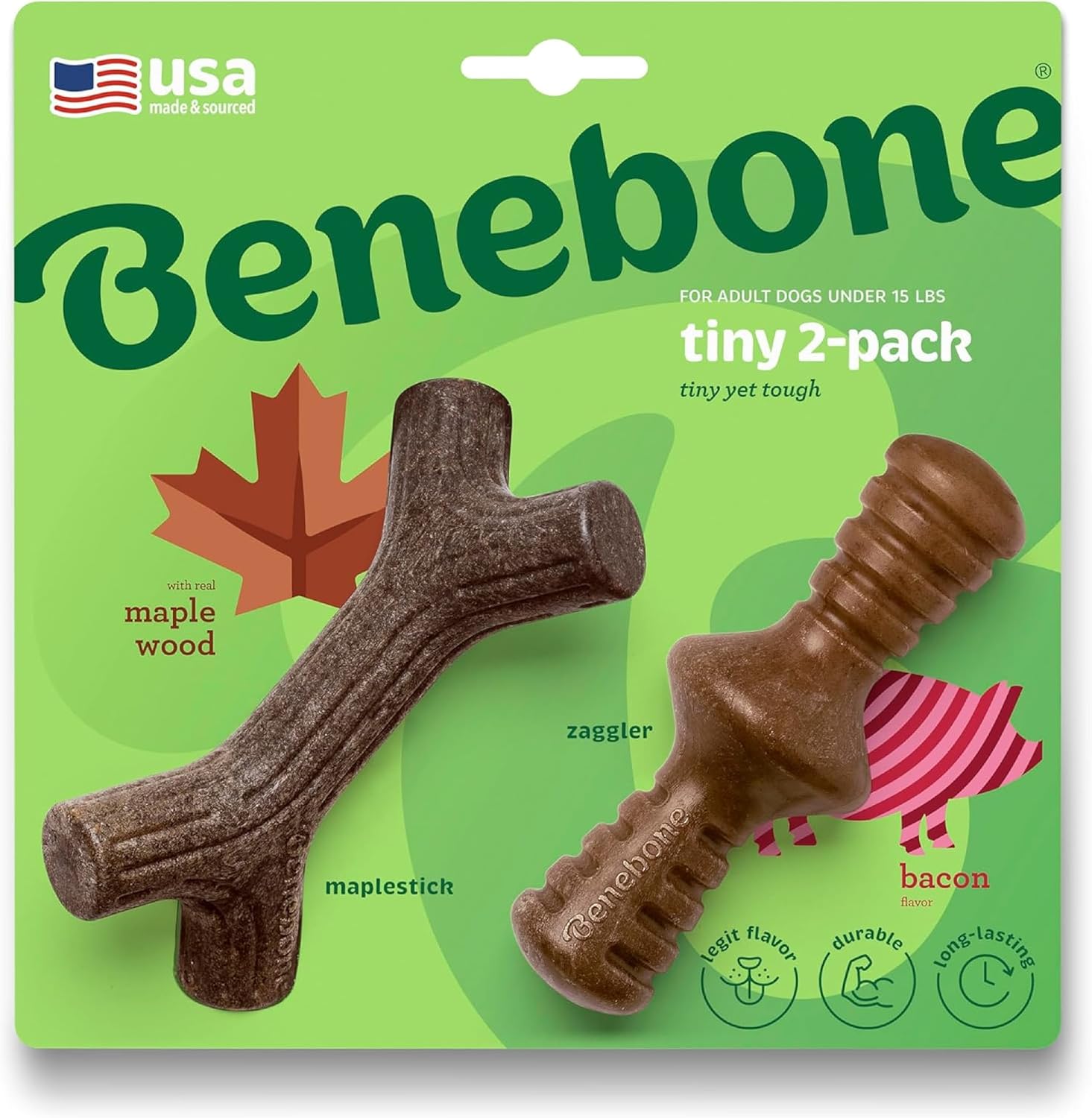 Benebone tiny two pack maplestick and zaggler dog chew toys front view packaging