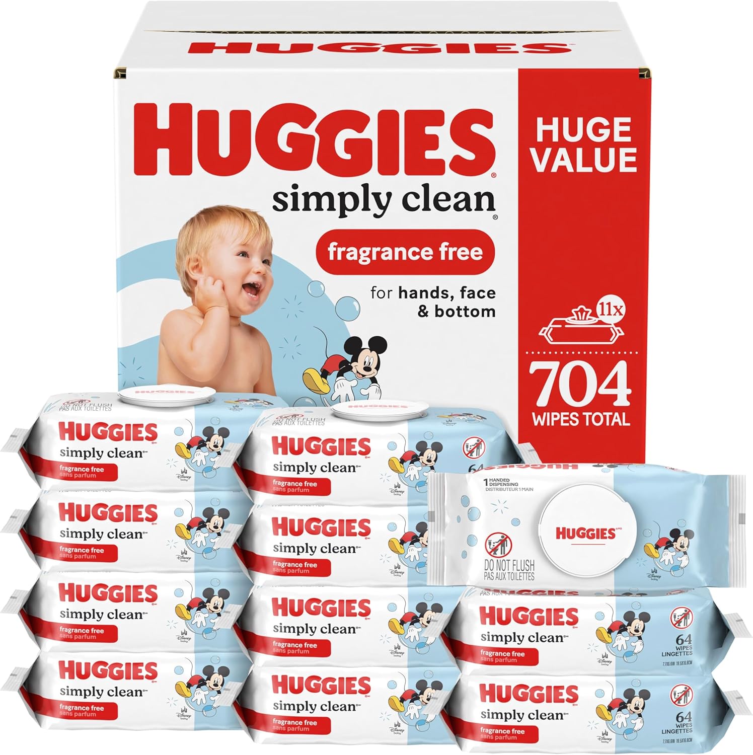 Huggies Simply Clean Unscented Baby Diaper Wipes, 11 Flip-Top Packs (704 Wipes Total), Packaging May Vary - Image 1