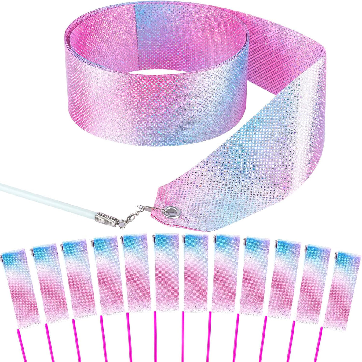 HiUnicorn sparkling dance ribbon wands front view displaying pink and blue gradient glitter streamers.