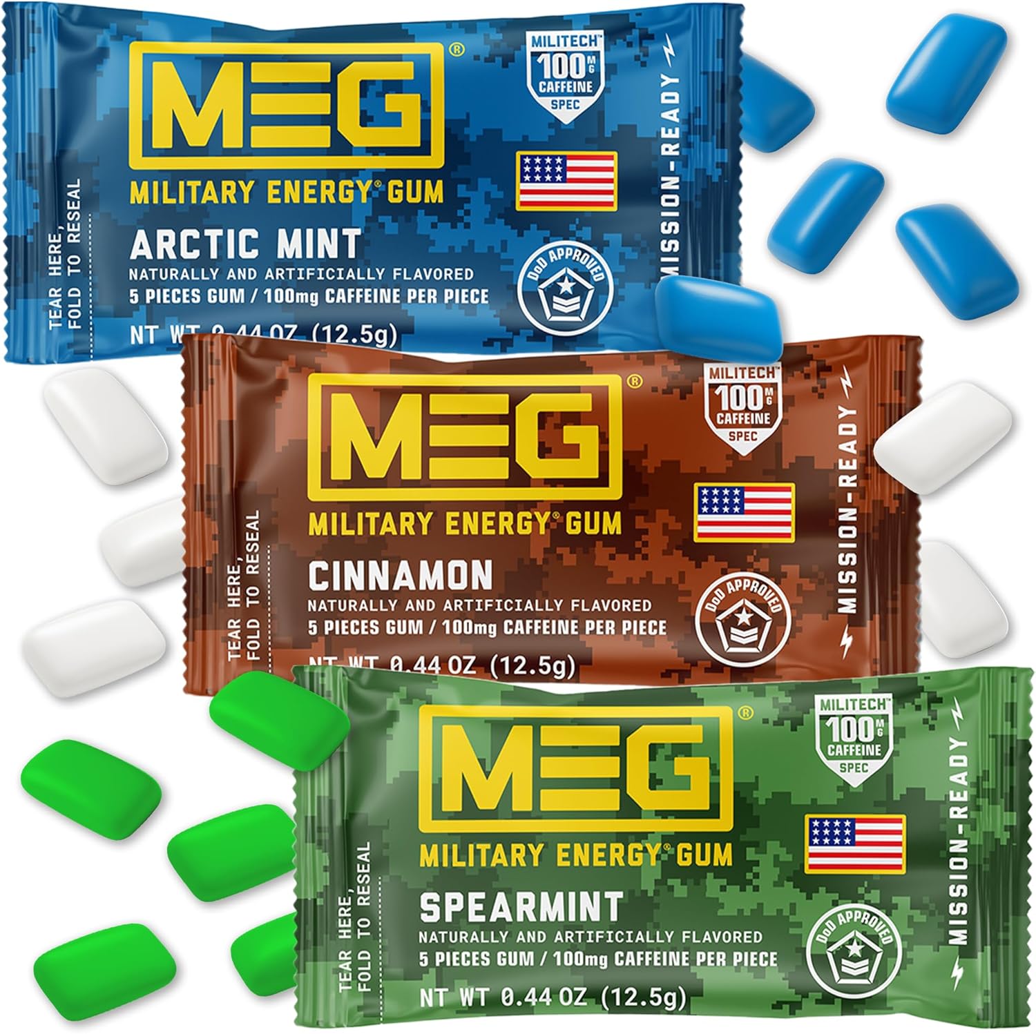 MEG Military Energy Gum 15 count sample pack front view showing 100mg caffeine label
