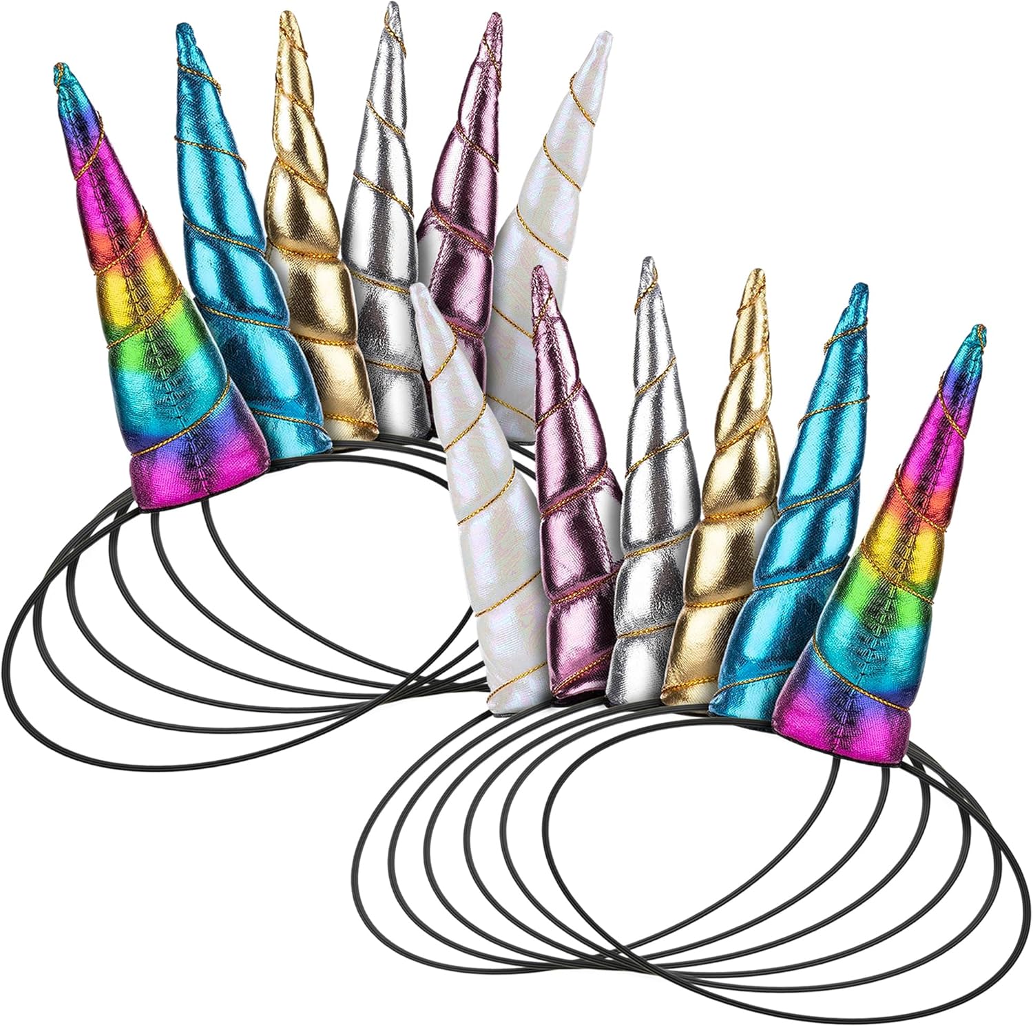 Blue Panda 12 Pack Unicorn Horn Headbands front view showing assorted metallic colors with elastic bands.