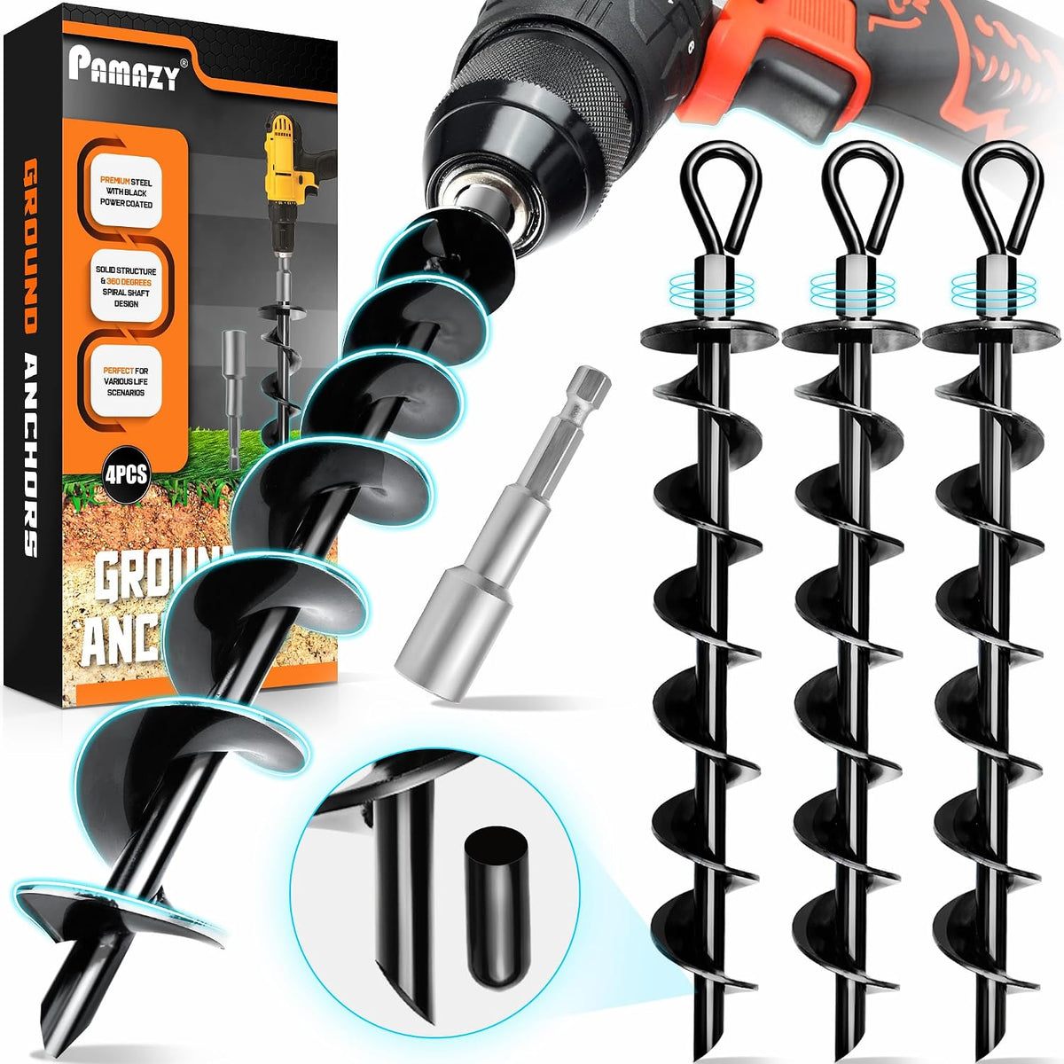 Pamazy ground anchors front view packaging and pieces
