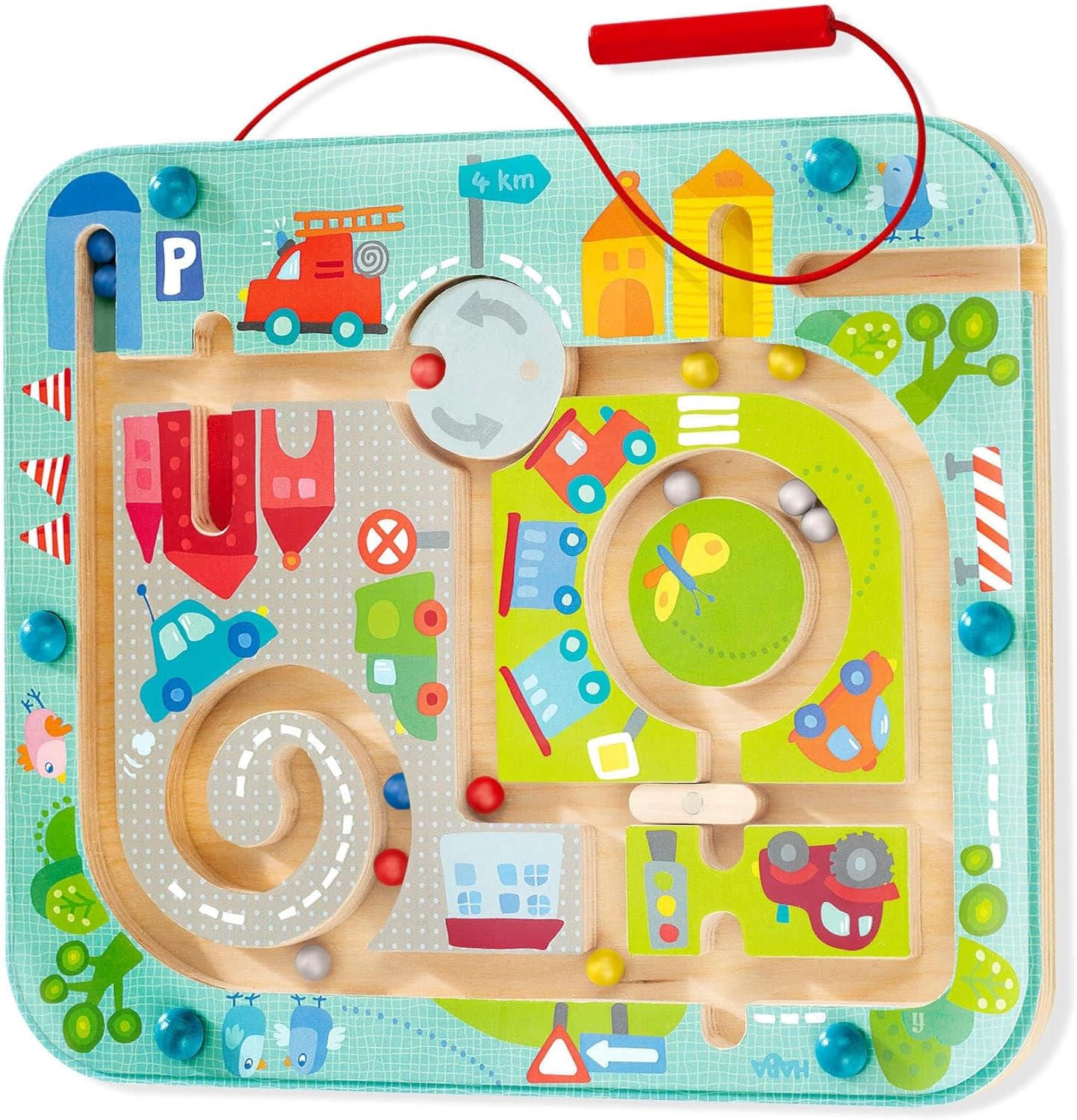 HABA Town Maze Magnetic Game front view featuring wooden town board and magnetic wand.