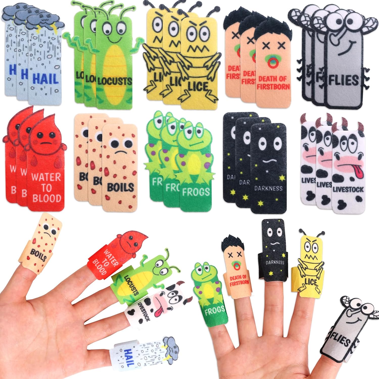 Skyygemm Passover 10 Plagues Finger Puppet Kit front view showcasing various felt characters for educational storytelling.